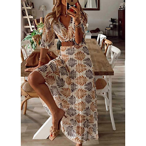 

Women's A Line Dress Maxi long Dress Yellow Half Sleeve Tropical Leaf Plants Botanical Trees / Leaves Ruched Spring Summer V Neck Ethnic Style Elegant Boho Holiday Beach Retro S M L XL XXL 3XL