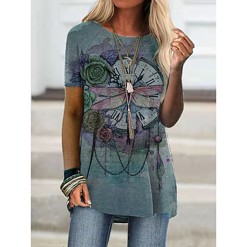 

Women's T shirt Floral Graphic Print Round Neck Tops Basic Basic Top Blue Khaki Green