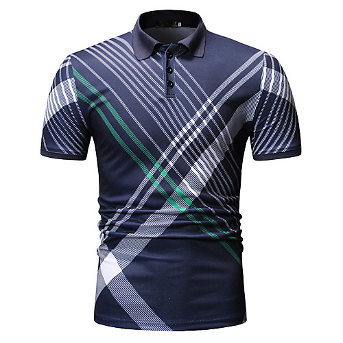

Men's Golf Shirt Tennis Shirt Striped Button-Down Short Sleeve Street Tops Cotton Business Casual Comfortable Black Navy Blue