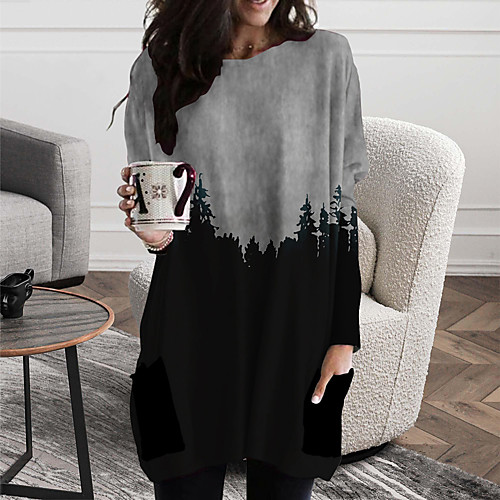 

Women's T Shirt Dress Tee Dress Short Mini Dress Blue Gray Long Sleeve Color Block Print Fall Spring V Neck Casual Loose 2021 S M L XL XXL 3XL