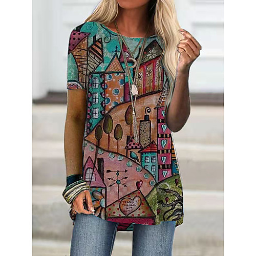 

Women's T shirt Graphic Scenery Print Round Neck Tops Basic Boho Basic Top Red Yellow