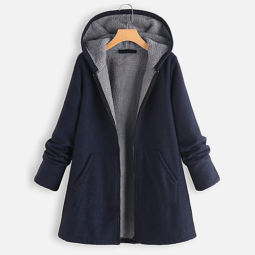

Women's Plus Size Coat Pocket Button Solid Color Going out Outdoor Long Sleeve Y Neck Long Fall Winter Navy Red XL 2XL 3XL 4XL 5XL