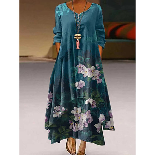 

Women's A Line Dress Maxi long Dress Blue Green White 3/4 Length Sleeve Floral Spring, Fall, Winter, Summer V Neck Casual Loose 2021 S M L XL XXL XXXL 4XL 5XL