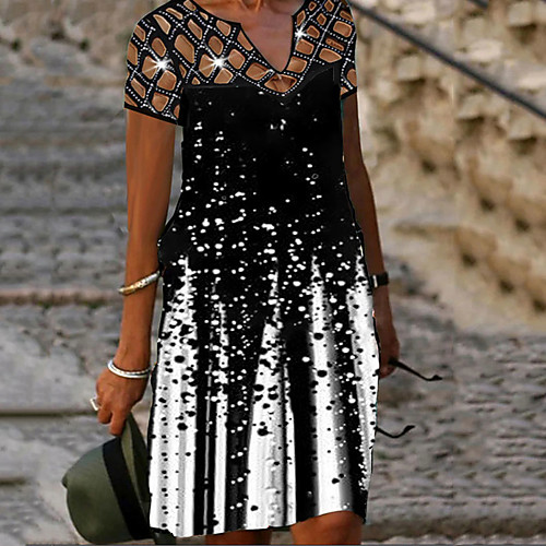 

Women's A Line Dress Knee Length Dress Black Short Sleeve Color Gradient Print Summer V Neck Elegant Casual Loose 2022 S M L XL XXL