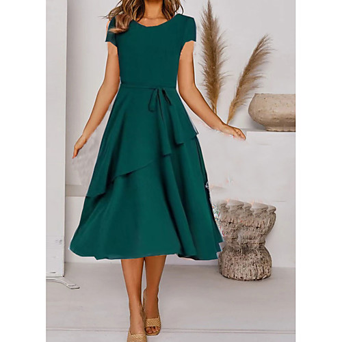 

Women's A Line Dress Knee Length Dress Green Short Sleeve Solid Color Layered Lace up Spring Summer Boat Neck Elegant Vintage 2021 M L XL 2XL 3XL 4XL