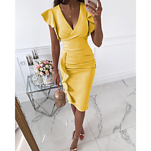 

Women's Sheath Dress Knee Length Dress Purple Yellow Black Red Apricot Short Sleeve Solid Color Ruched Ruffle Spring Summer V Neck Elegant Sexy Party Holiday Slim 2021 S M L XL XXL