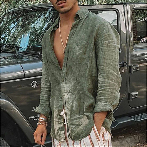 

Men's Shirt non-printing Muscle Patchwork Long Sleeve Street Tops Cotton Beach White Light Green