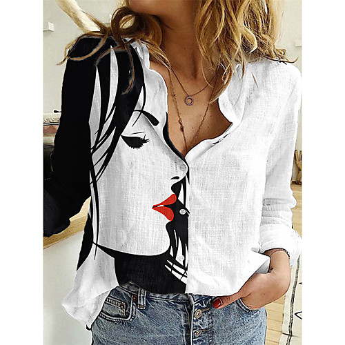 

Women's Portrait Blouse Shirt Abstract Portrait Button Print Shirt Collar Casual Streetwear Tops Blue White Black / 3D Print