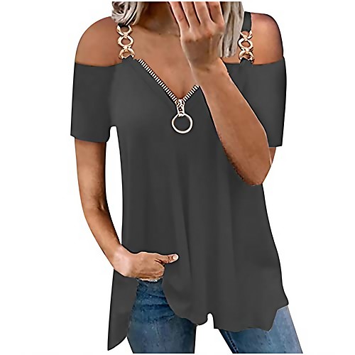 Womens summer top fashion short sleeve strapless casual t-shirt daily loose fit lace tunic zipper v-neck blouses tops dark gray, lightinthebox  - buy with discount