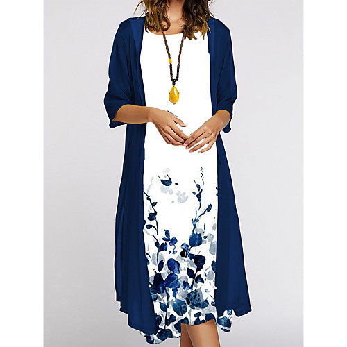 

Women's Two Piece Dress Knee Length Dress White 3/4 Length Sleeve Print Patchwork Spring Summer Round Neck Casual 2022 S M L XL XXL