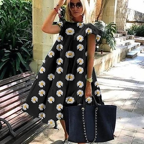 

Women's A Line Dress Knee Length Dress Light Blue Pure black Daisy Pure rose red Pure color powder Daisy green Blushing Pink Green White Black Short Sleeve Floral Animal Smocked Print Spring Summer