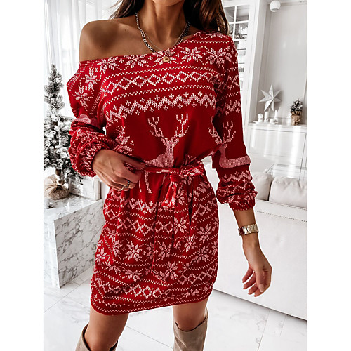 

Women's Christmas Sheath Dress Short Mini Dress White Black Red Long Sleeve Christmas Print Fall Winter One Shoulder Casual Christmas 2021 S M L XL 2XL