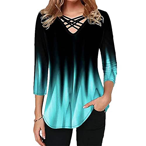 

womens tops summer t-shirt plus size half sleeve gradient ombre color criss-cross v-neck loose fit tee blouse(c green,large)