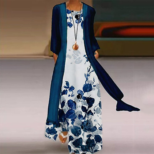

Women's Two Piece Dress Maxi long Dress Blue Long Sleeve Floral Print Spring Summer Round Neck Casual Vacation 2022 M L XL XXL 3XL 4XL 5XL / Loose