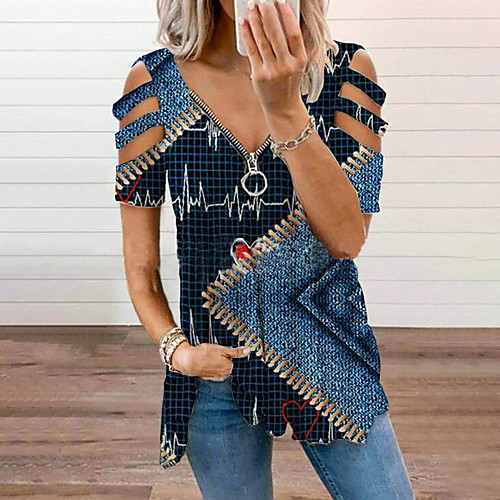 

Women's Blouse Eyelet top Color Gradient Abstract Sunflower Zipper Print V Neck Basic Tops Blue Purple Yellow