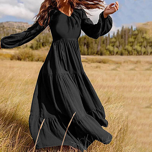 

Women's Swing Dress Maxi long Dress Dark Green Black Brown Long Sleeve Solid Color Ruched Pleated Patchwork Fall Spring V Neck Casual Holiday Lantern Sleeve Loose 2021 M L XL XXL XXXL 4XL 5XL