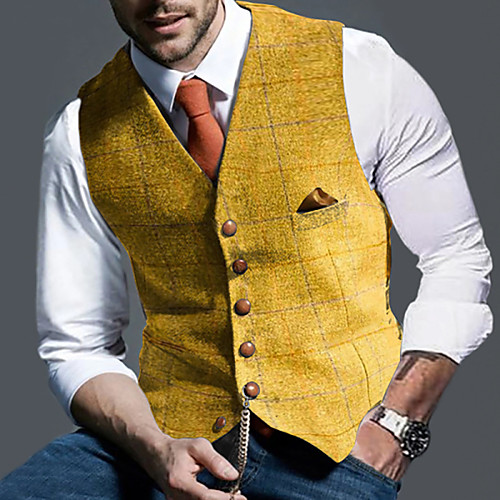 

Men's Suit Vest Waistcoat Party Evening Work Festival Business Formal Casual Plaid Single Breasted One-button Slim Cotton Blend Men's Suit Yellow / Gray - V Neck / Sleeveless / Sleeveless / Plus Size
