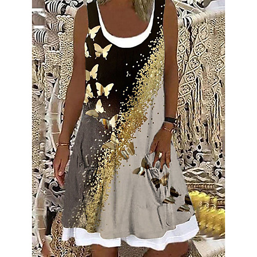 

Women's A Line Dress Knee Length Dress Black Sleeveless Butterfly Animal Print Spring Summer Boat Neck Casual 2022 S M L XL XXL 3XL