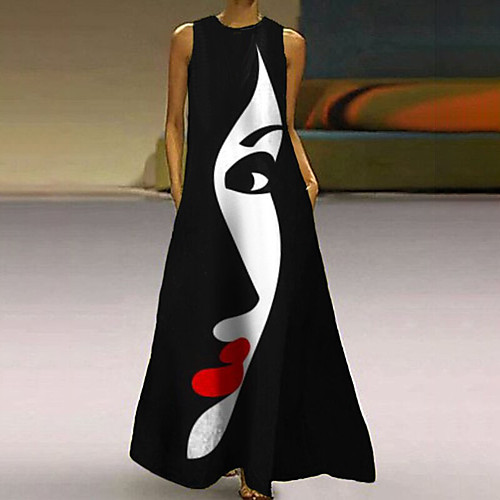 

Women's Shift Dress Maxi long Dress Green Black Sleeveless Abstract Print Fall Summer Round Neck Casual 2022 S M L XL XXL 3XL