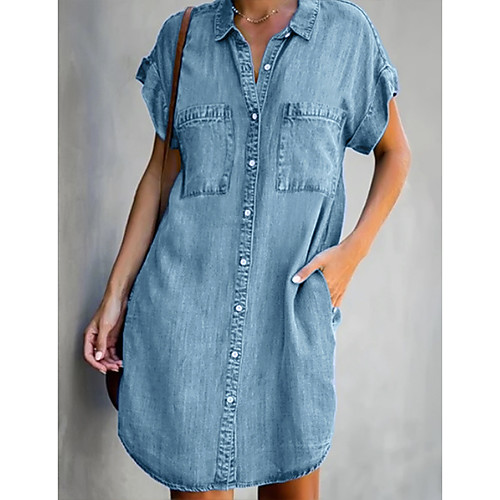 

Women's Denim Shirt Dress Short Mini Dress Light Blue Short Sleeve Solid Color Pocket Spring Summer Shirt Collar Hot Casual Work 2021 S M L XL XXL