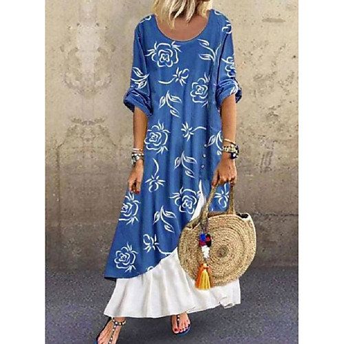 

Women's Swing Dress Maxi long Dress Blue Half-Sleeve Floral Print Patchwork Fake two piece Print Spring Summer Round Neck Casual Holiday Loose 2021 S M L XL XXL XXXL