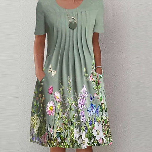 

Women's A Line Dress Knee Length Dress Green Short Sleeve Floral Pocket Print Summer Round Neck Casual Holiday Regular Fit 2021 S M L XL XXL