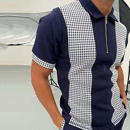 

Men's Golf Shirt Striped Plaid Collar Street Daily Zipper Short Sleeve Tops Casual Comfortable Blue Black Khaki