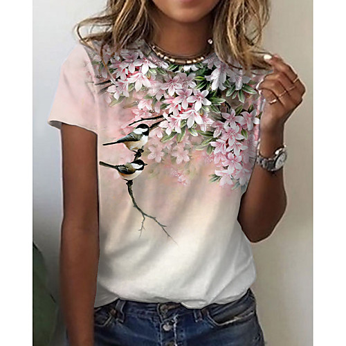 

Women's Floral Theme Painting T shirt Floral Bird Print Round Neck Basic Tops Blushing Pink Green White