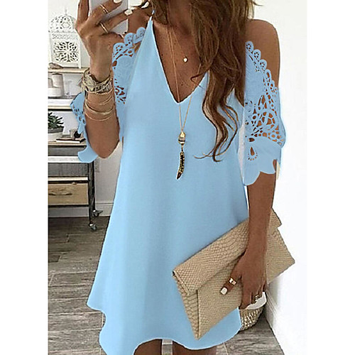 

Women's Shift Dress Short Mini Dress Light Blue Yellow Blushing Pink White Black Red Navy Blue Half-Sleeve Solid Color Openwork Cold Shoulder Spring Summer V Neck Stylish Casual 2021 S M L XL XXL