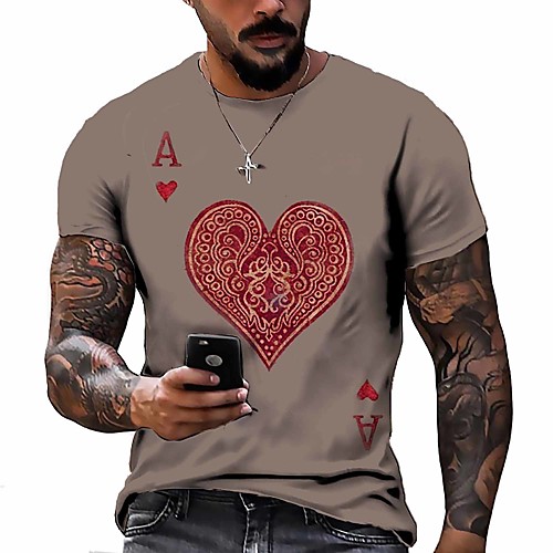 

Men's Tee T shirt Shirt 3D Print Graphic Prints Poker Letter Print Short Sleeve Daily Tops Casual Designer Big and Tall Round Neck Light Brown Black Brown / Summer