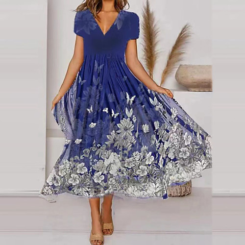 

Women's A Line Dress Midi Dress Blue Short Sleeve Floral Print Summer V Neck Elegant Casual Holiday 2021 S M L XL XXL 3XL