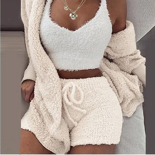 

Women's Warm Gift Pajamas Sets Home Christmas Party Street Pure Color Polyester Plush Simple Casual Soft Strap Top Shorts Fall Long Sleeve Sleeveless