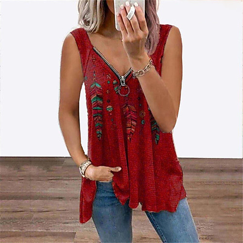 

Women's Tank Top Vest Feather Flowing tunic Quarter Zip Print V Neck Basic Streetwear Tops Blue Purple Black