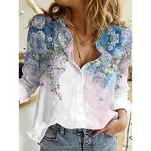 

Women's Floral Theme 3D Printed Blouse Shirt Floral 3D Button Print Shirt Collar Basic Casual Tops Blue White Red