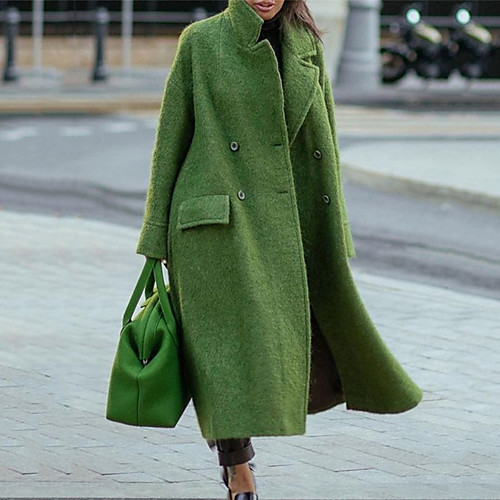 

Women's Overcoat Daily Work Fall Winter Maxi Coat Double Breasted Turndown Stand Collar Loose Warm Casual Jacket Long Sleeve Solid Color Quilted Green