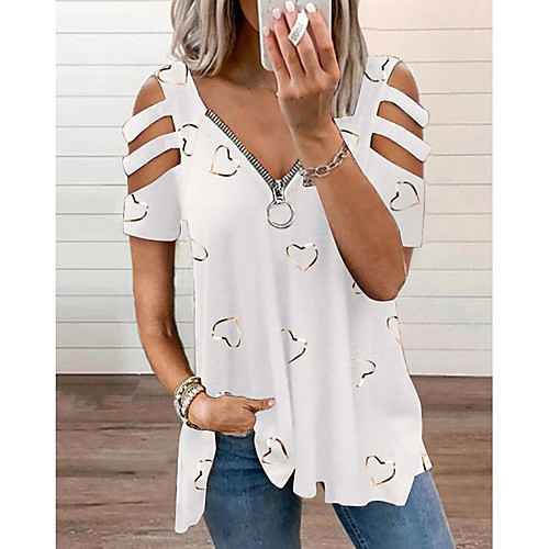 

Women's Blouse Eyelet top Shirt Graphic Heart Cut Out Zipper V Neck Basic Casual Tops Loose Blue Purple Blushing Pink