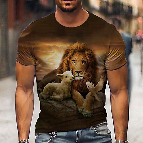 

Men's Unisex Tee T shirt Shirt 3D Print Graphic Prints Lion Print Short Sleeve Daily Tops Casual Designer Big and Tall Brown