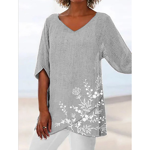

floral short sleeve printed polyester crew neck vintage summer gray top