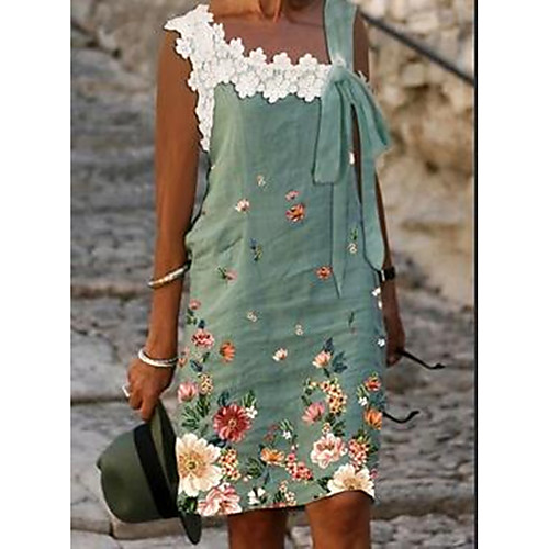 

Women's A Line Dress Knee Length Dress Green Sleeveless Flower Lace up Lace Spring Summer Boat Neck Casual Holiday 2021 S M L XL XXL