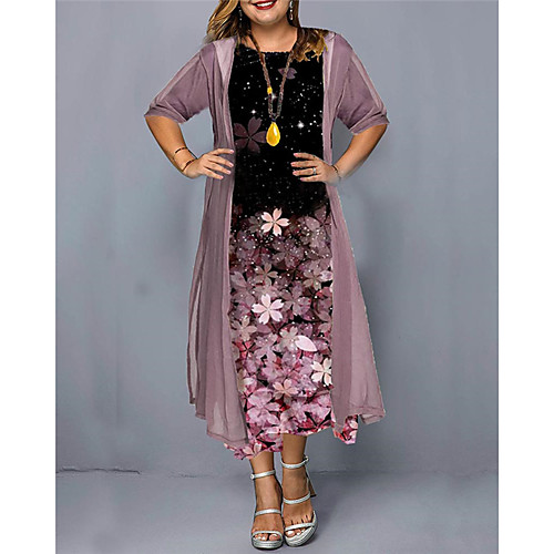 

Women's Plus Size Casual Midi Dress Floral Print Sundress O-Neck Sleeveles Lace Up Dresses Solid Chiffon Two-Piece Set
