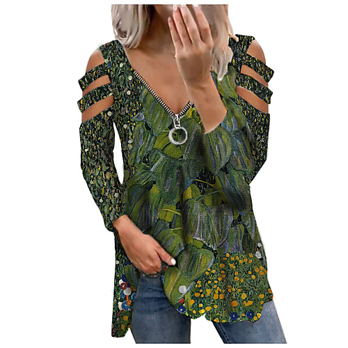 

Women's Floral Theme Blouse Eyelet top Shirt Floral Graphic Long Sleeve Cut Out Zipper Print V Neck Basic Streetwear Tops Blue Green Brown