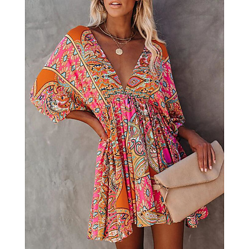 

Women's A Line Dress Short Mini Dress Red 3/4 Length Sleeve Floral Backless Smocked Pleated Spring Summer V Neck Hot Sexy Boho Loose 2022 S M L XL XXL / Print