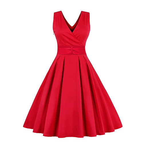 

Women's A Line Dress Midi Dress Royal Blue Red Sleeveless Solid Color Pleated Bow Spring Summer V Neck 1950s Hot Vintage Slim 2022 S M L XL XXL 3XL