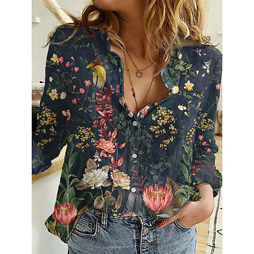 

Women's Floral Theme Blouse Shirt Floral Graphic Long Sleeve Button Print Shirt Collar Basic Tops Blue Blushing Pink Gray