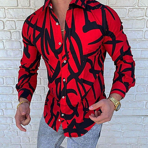 

Men's Shirt Abstract Collar Street Daily Button-Down Print Long Sleeve Tops Cotton Casual Fashion Breathable Comfortable Red / Fall / Winter