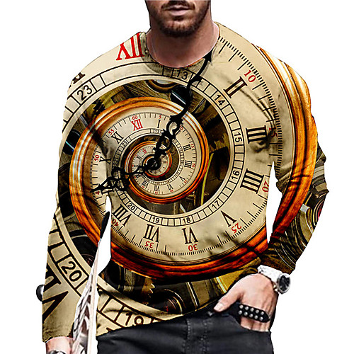 

Men's Unisex Tee T shirt Shirt 3D Print Graphic Prints Clock Print Long Sleeve Daily Tops Casual Designer Big and Tall Yellow