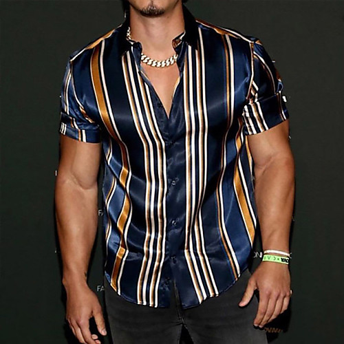 

Men's Shirt Striped Collar Street Daily Button-Down Print Short Sleeve Tops Casual Fashion Breathable Comfortable Blue / Summer