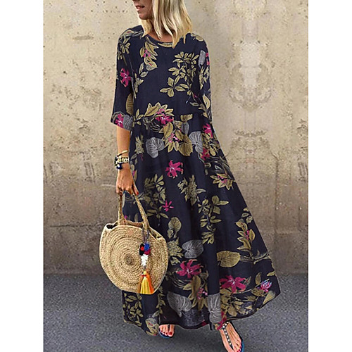 

Women's A Line Dress Maxi long Dress Yellow Red Navy Blue Half-Sleeve Floral Print Spring Summer Round Neck Hot Casual Holiday vacation dresses Loose 2021 M L XL XXL 3XL 4XL 5XL / Plus Size