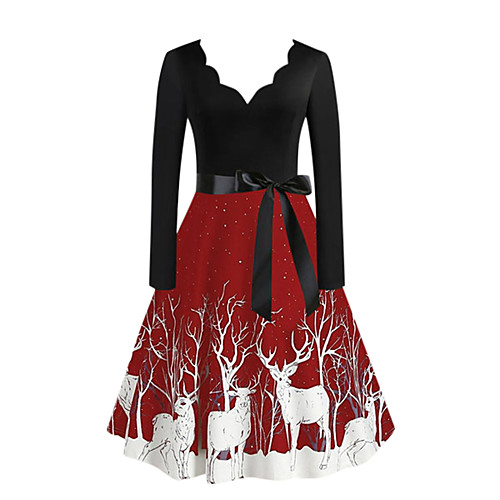 

Women's Plus Size A Line Dress Animal V Neck Bow Long Sleeve Fall Winter Casual Vintage Knee Length Dress Party Daily Dress / Print