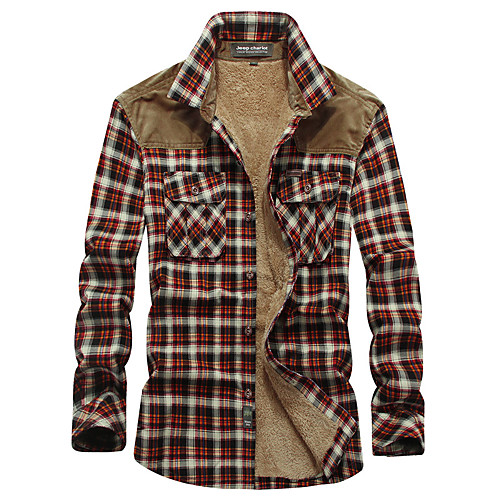 

mens casual shirt plaid retro long sleeves button up lamb fleece sherpa cashmere lined lined plaid warm winter flannel jacket shirt